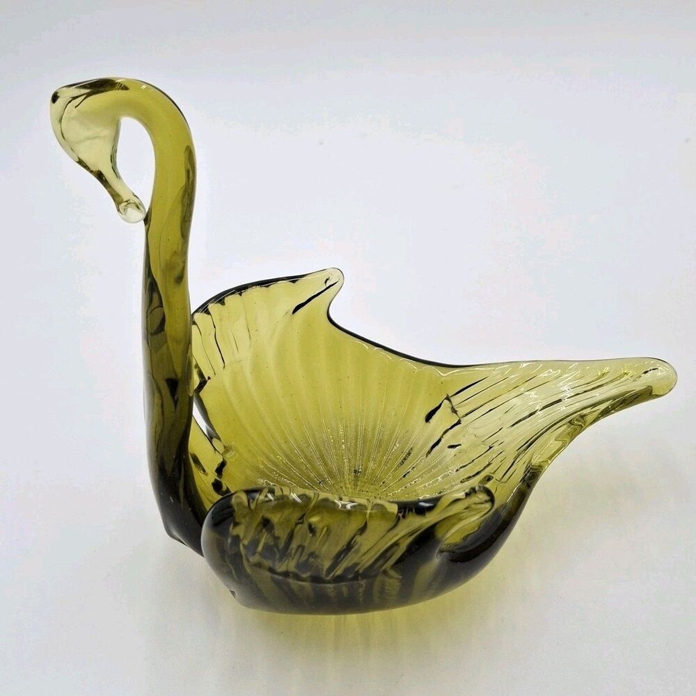 Vtg MCM Art Glass Green/ Yellow Swan Bowl Bird Candy Nut Trinket Dish